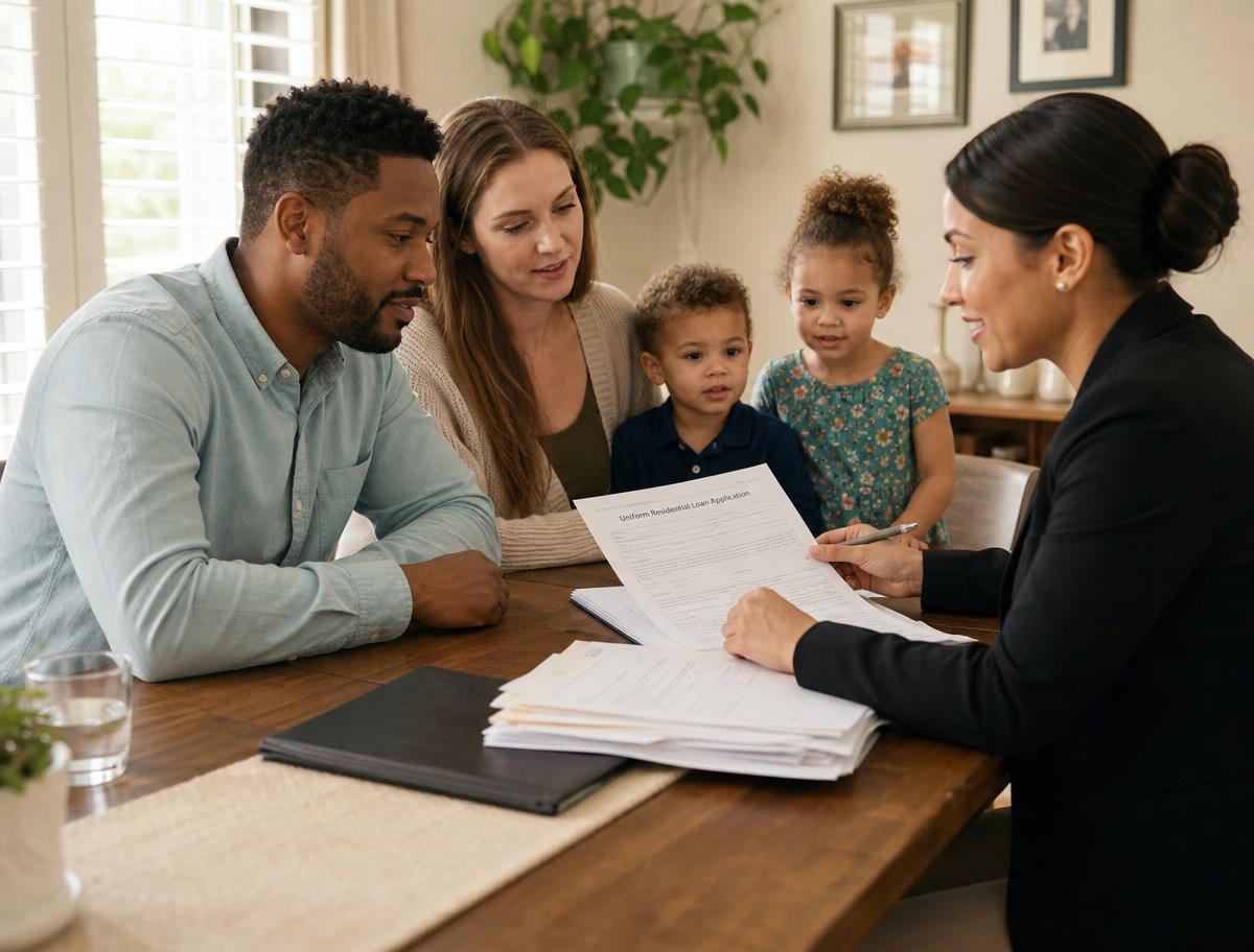 Family reviewing loan documents with a mobile notary at home