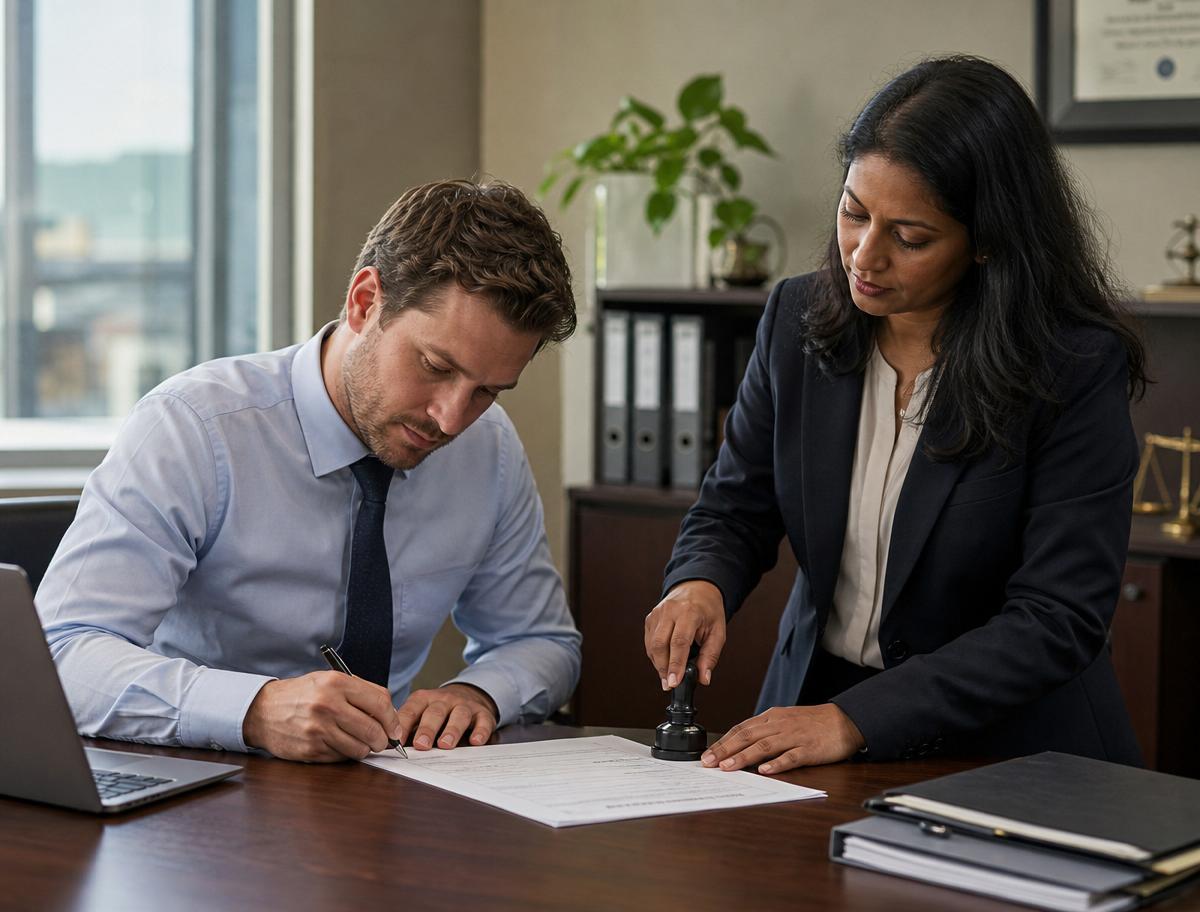 Notary seal and pen on legal documents